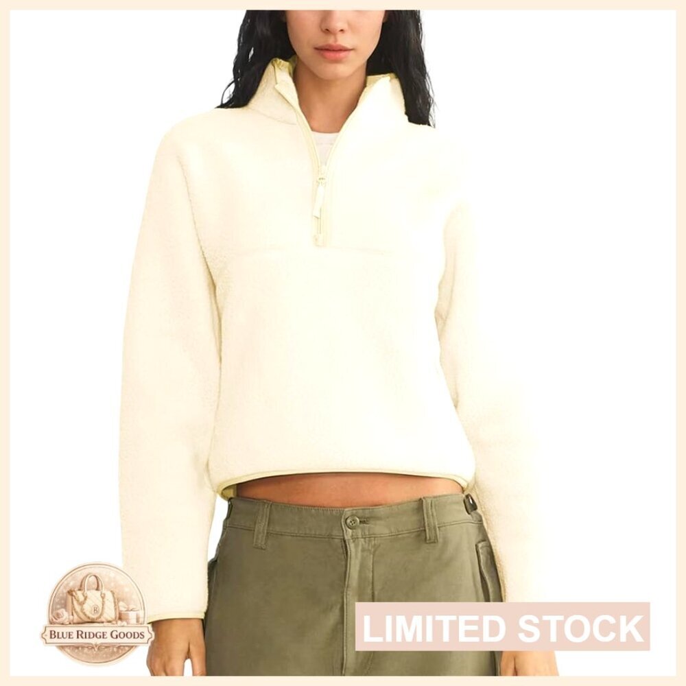 Cropped Sherpa Fleece Pullover Half Zip Jacket with Pockets Trendy Chic